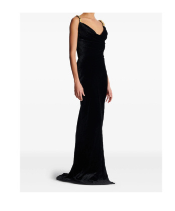 Balmain Button Cowl-neck Velvet Slit Maxi Dress In Black