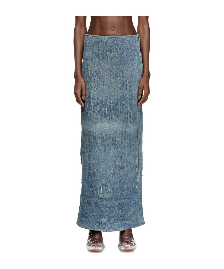 Diesel Megan Distressed High-waisted Long Skirt In Gray