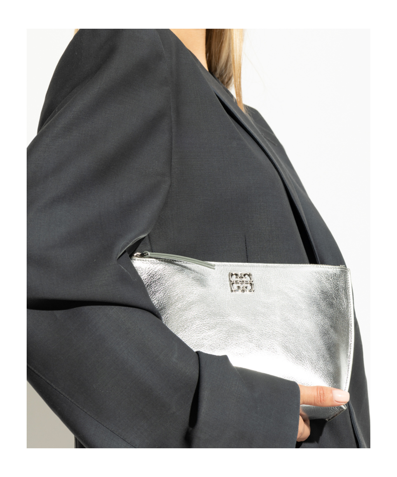 Givenchy Liquid Logo Plaque Metallic Clutch Bag In White