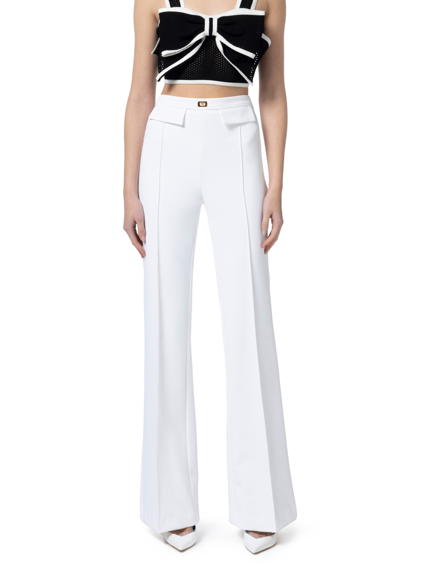 Elisabetta Franchi Logo-plaque Crepe Trousers In White
