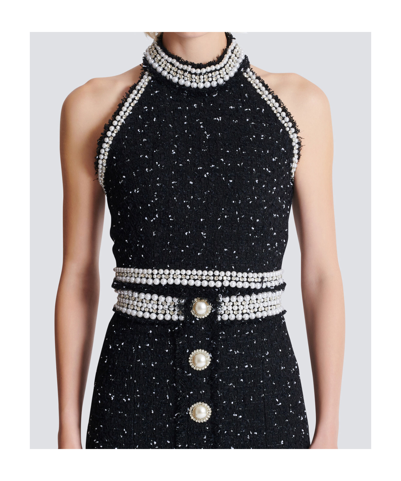 Balmain Halterneck Tweed Cropped Top In Black