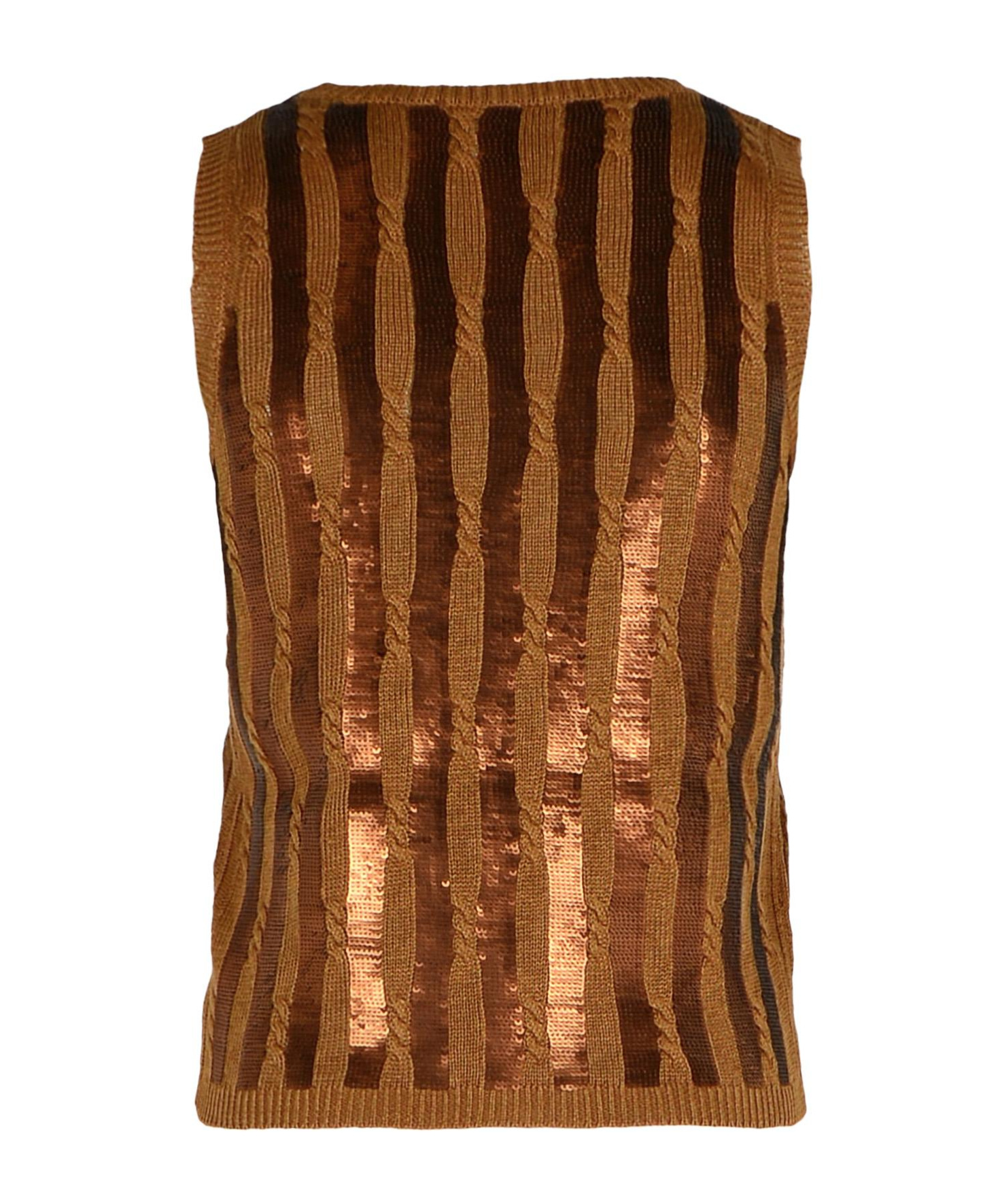 Max Mara Golia Linen Knitted Tank Top With Embroidered Sequin In Brown