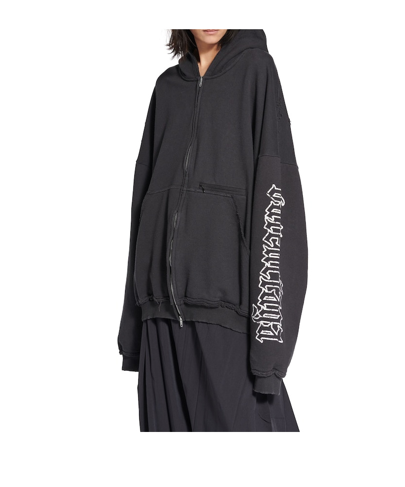 Balenciaga Blackletter Script Pulled Zip-up Hoodie Large Fit In Black Faded In Black