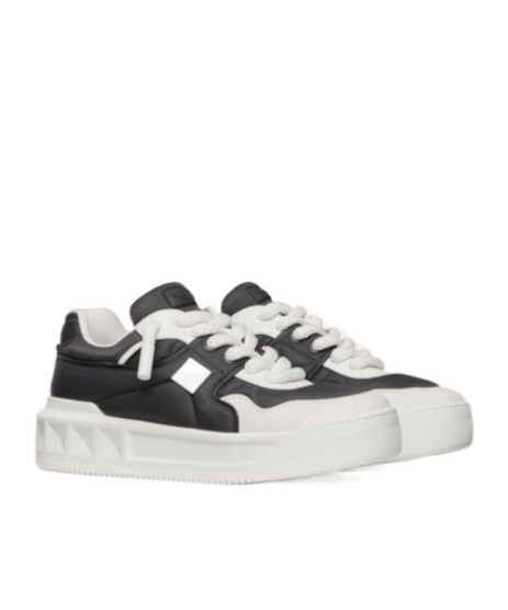 Valentino One Stud Xl Low-top Sneaker In Nappa Leather And Jacquard Toile Iconographe Technical Fabric In Black