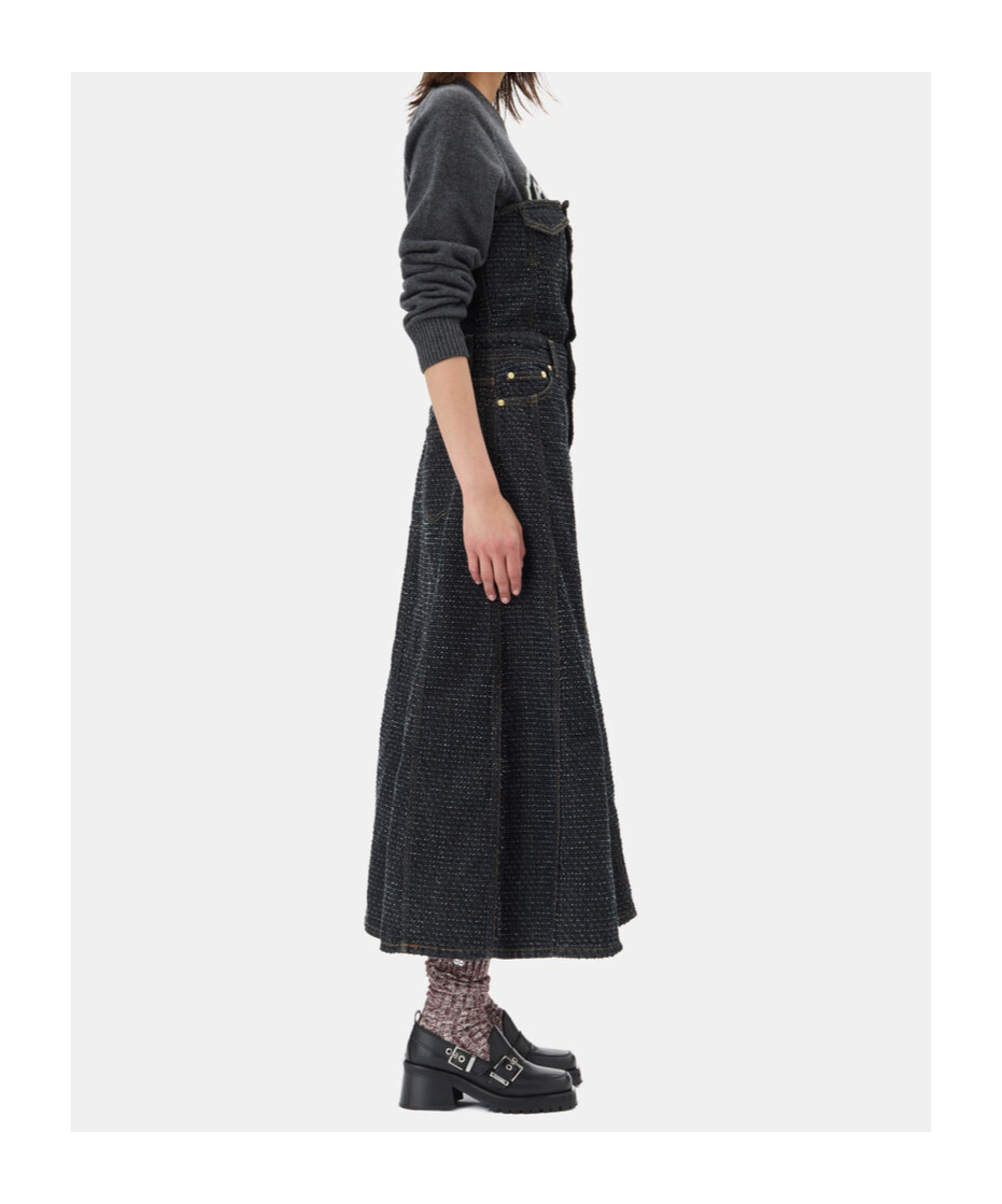 Ganni Black Fluffy Denim Corsage Maxi Dress In Black