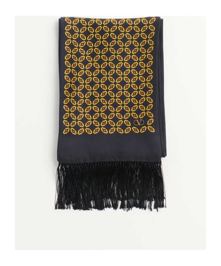 Valentino Garavani Chamber Scarf In Silk With Fringes In Black