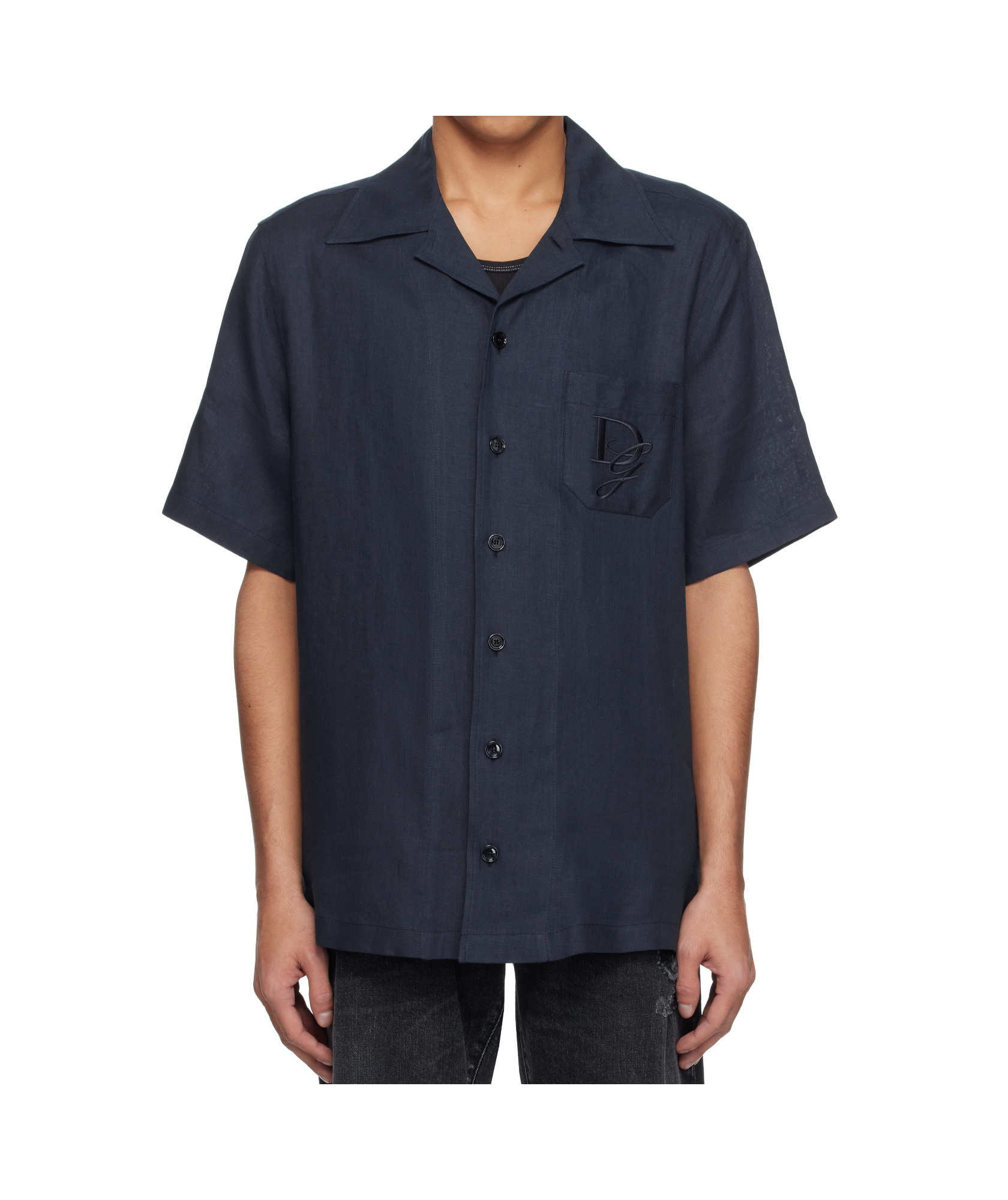 Dolce & Gabbana Blue Linen Short-sleeve Shirt With Pocket In Black