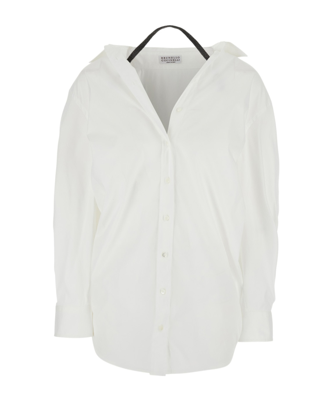 Brunello Cucinelli White Shirt With Pointed Collar And Monil Detail On The Neck In Cotton Blend Stretch Woman In White