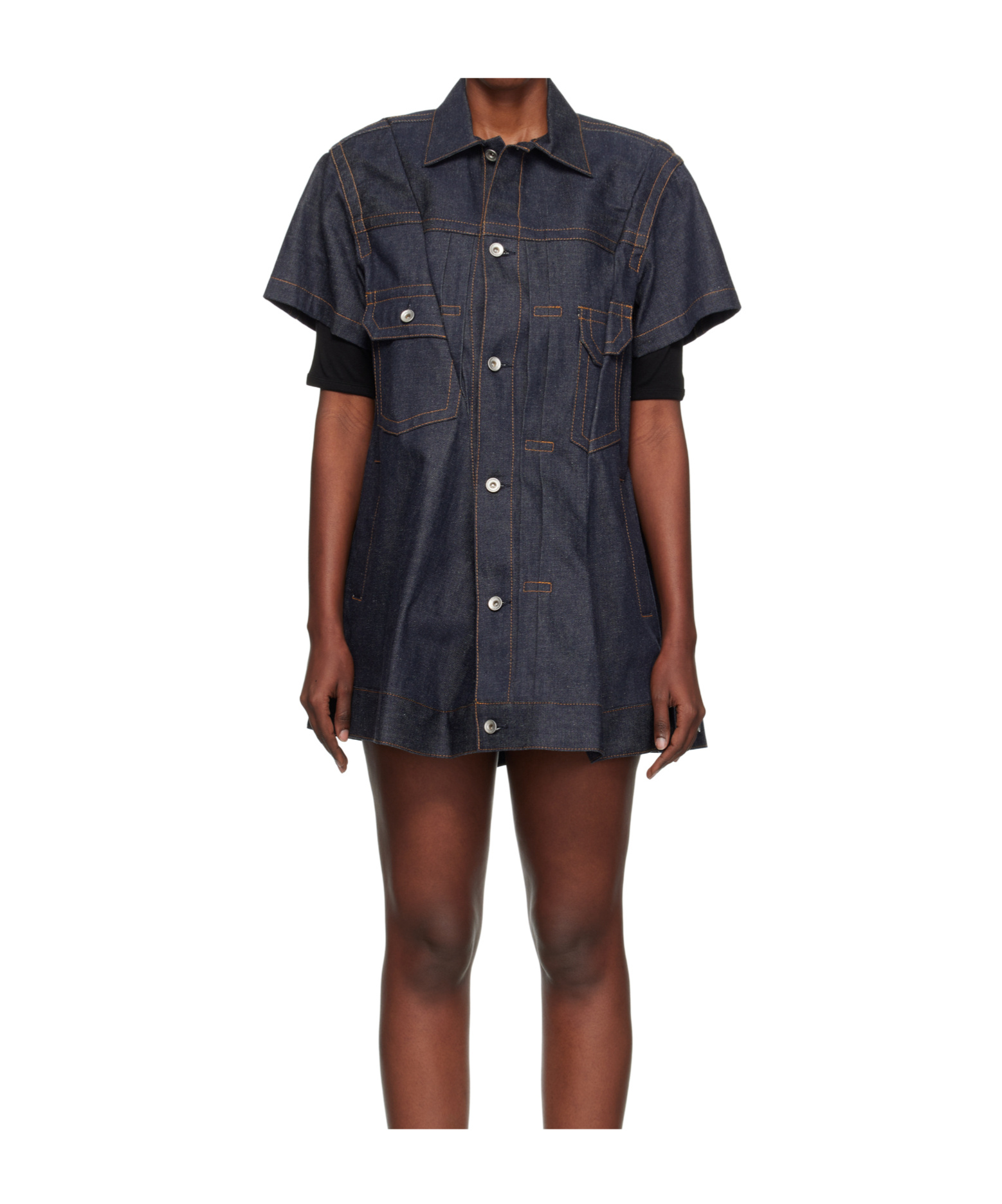 Sacai Lapel Short-sleeved Dress In Black