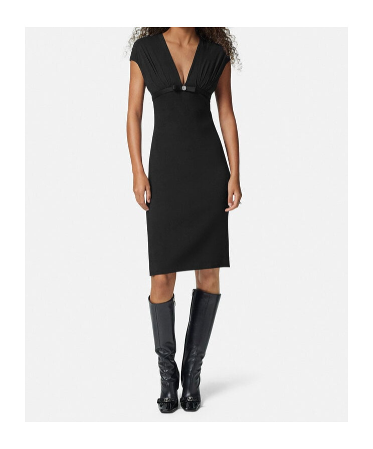 Versace Fitted Black Midi Dress With Satin Trim And Medusa Detail In Black