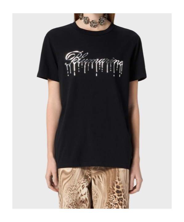 Blumarine Jersey T-shirt With Dripping-effect Logo In Black