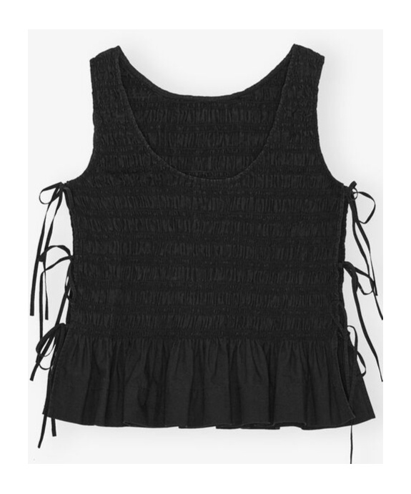 Ganni Cotton Smock Tie Top In Black In Black