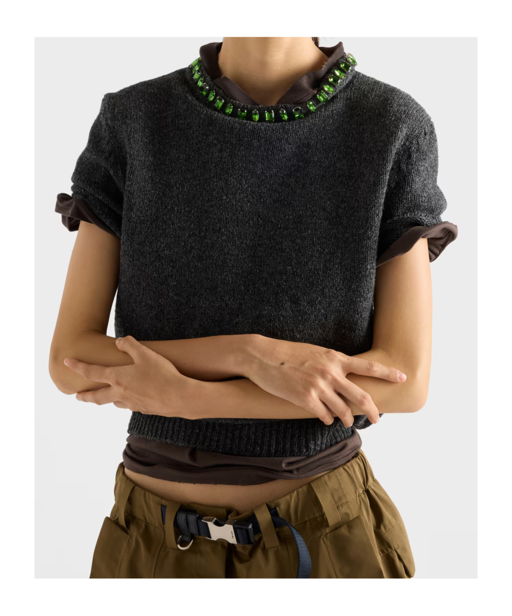 Prada Crystal-embellished Knitted T-shirt In Gray