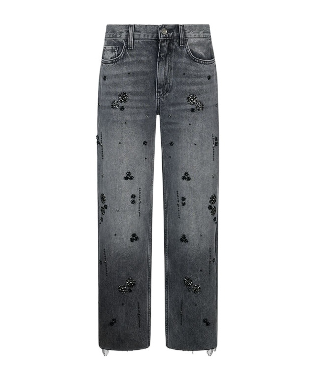 Liu •jo Straight-leg Denim Trousers With Rhinestones In Gray