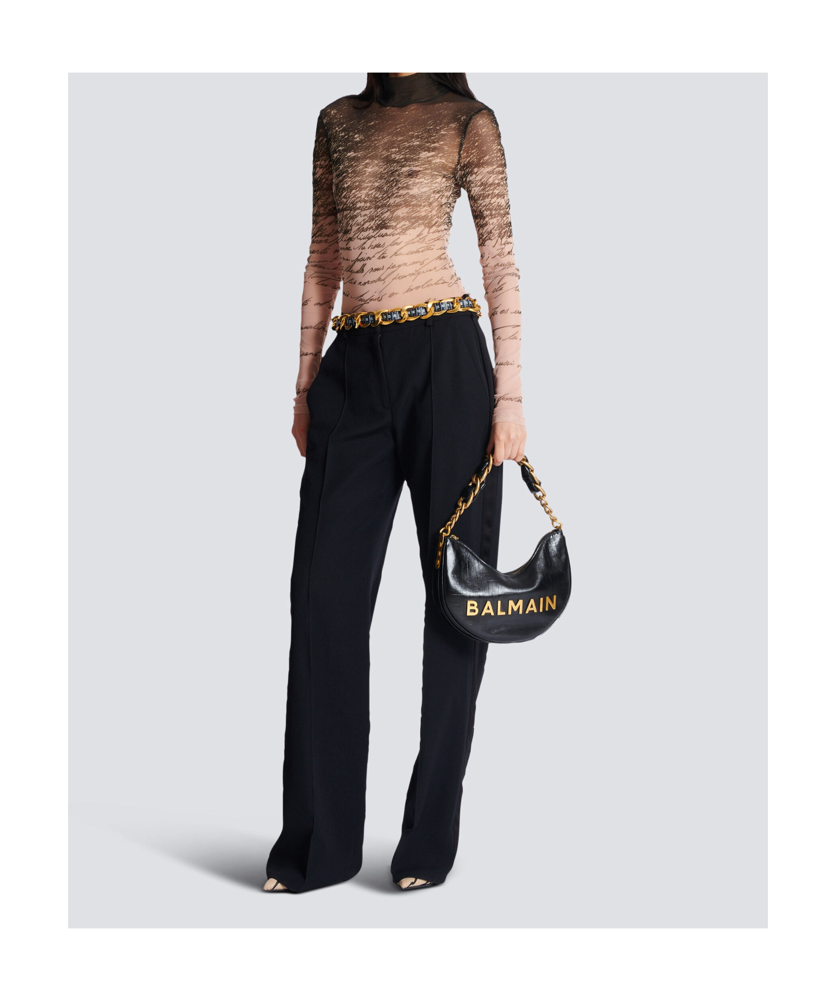 Balmain 1945 Soft Moon Bag In Monogrammed Calfskin In Black