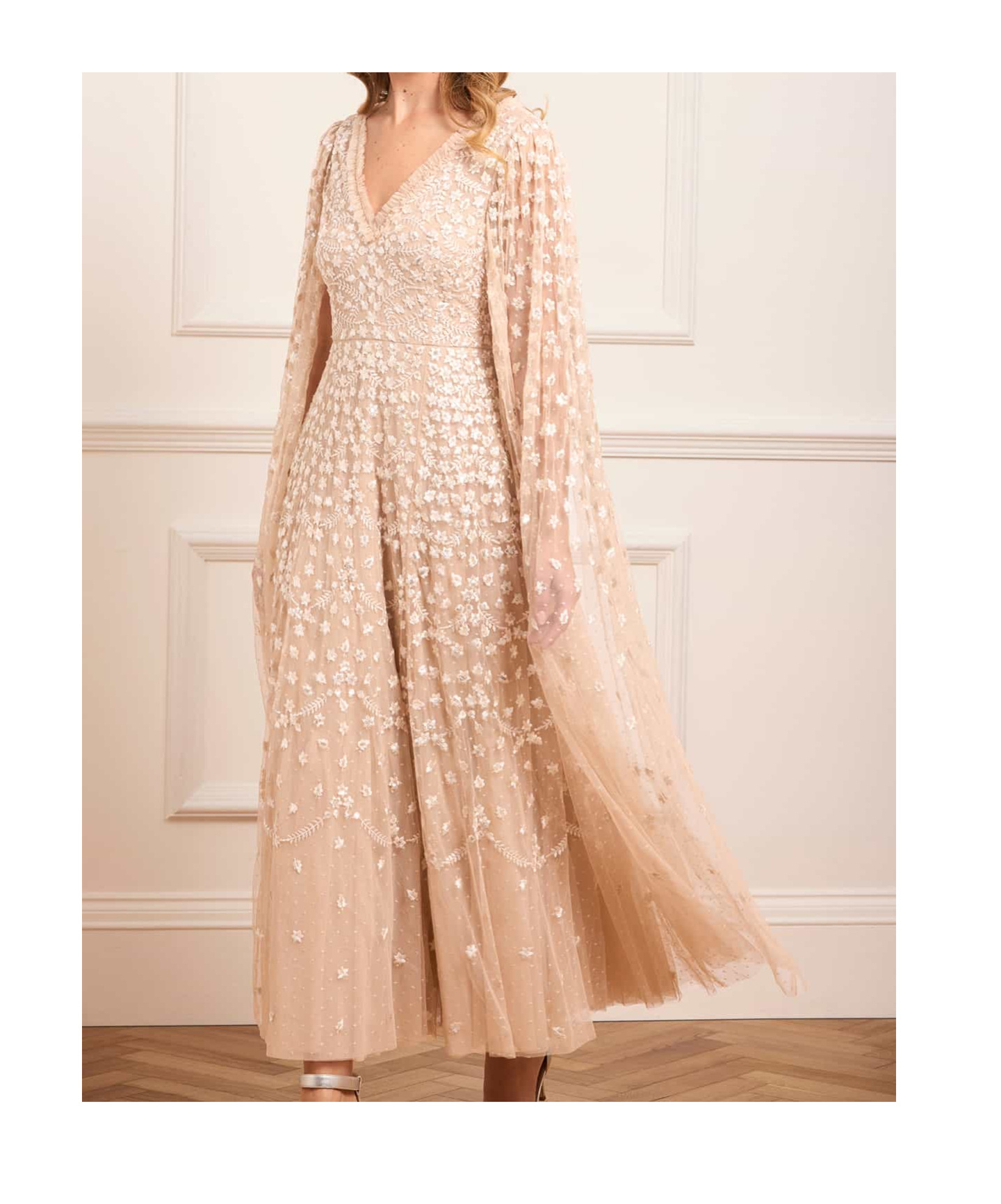 Needle & Thread Clover Cape Sleeve Ankle Gown In Gold