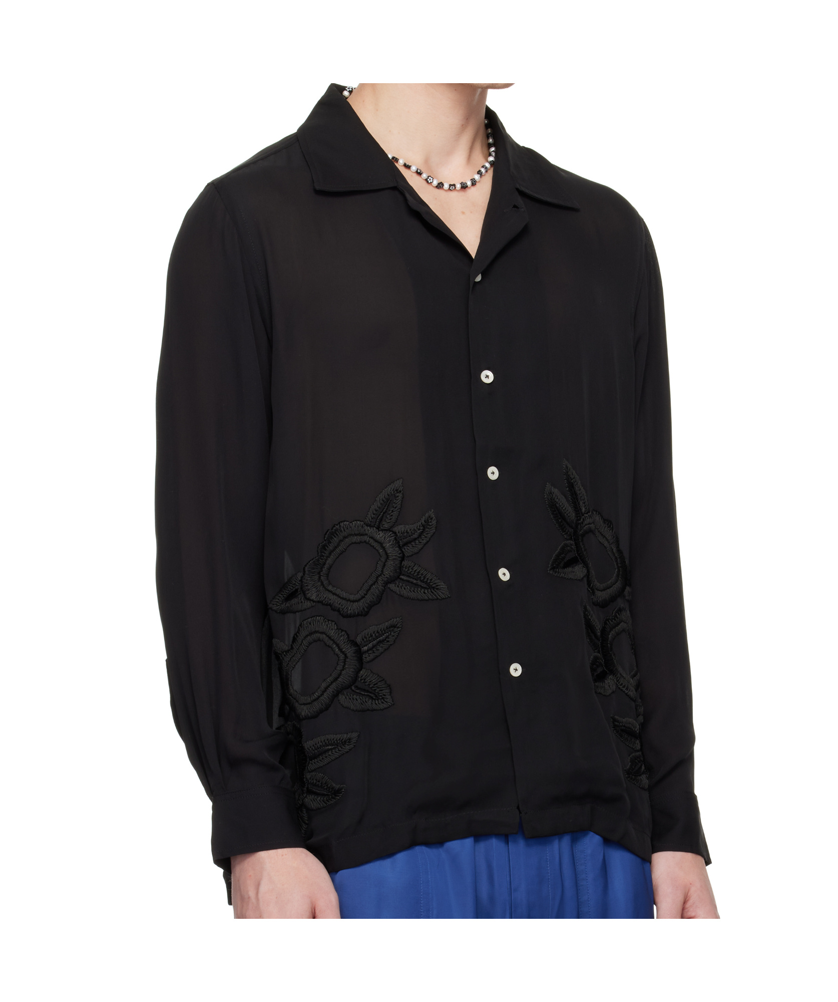 Bode Midnight Daffodil Long Sleeve Silk Button-up Shirt In Black