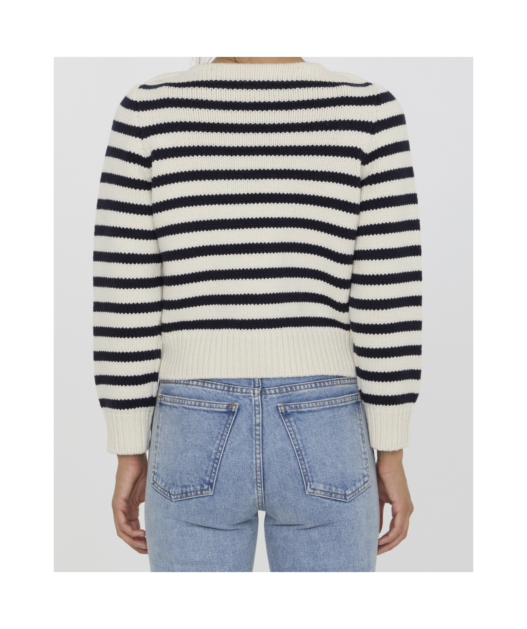 Celine Striped Crew-neck Sweater With Golden-effect Buttons In White