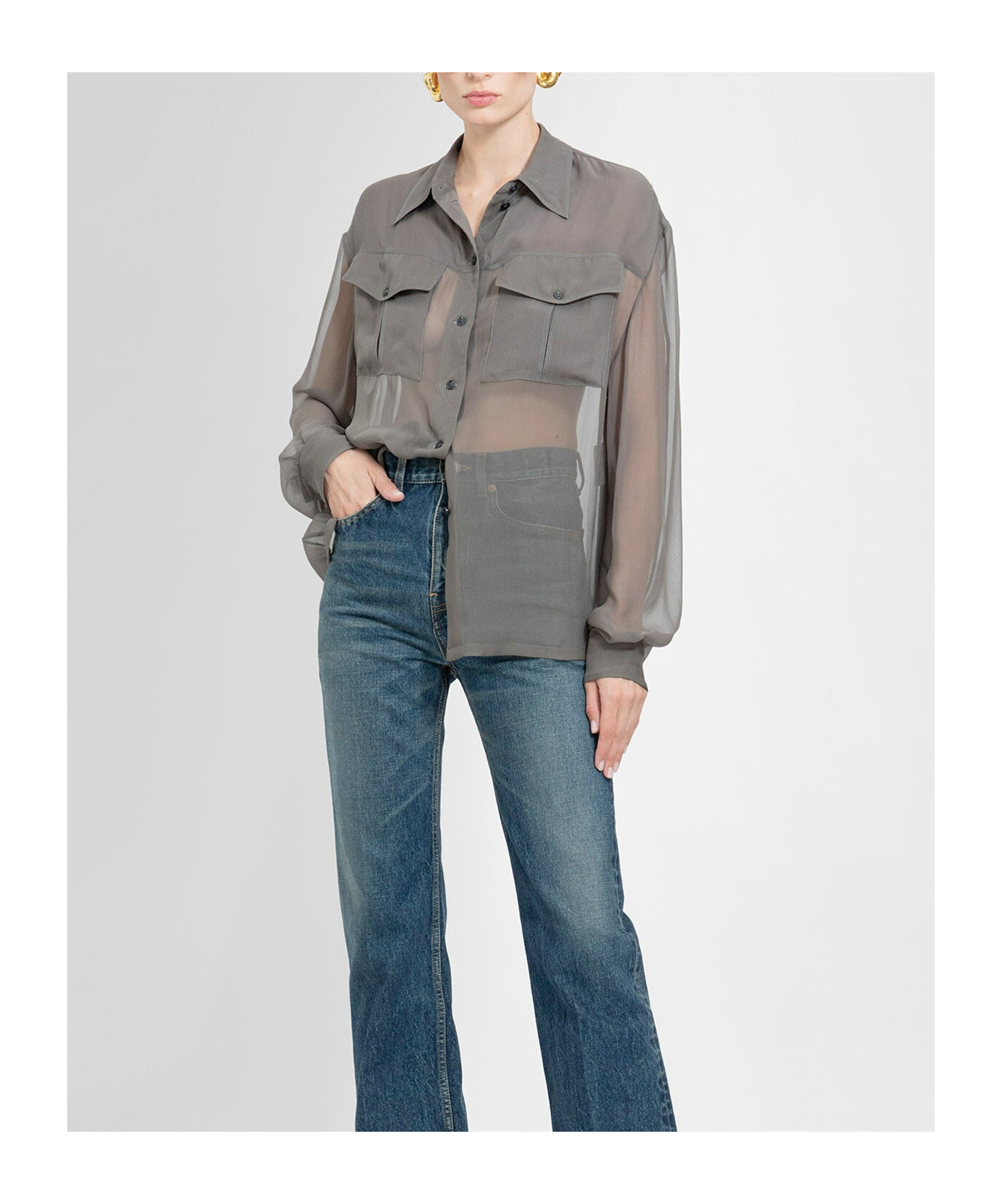 Saint Laurent Buttoned Long-sleeved Shirt In Gray
