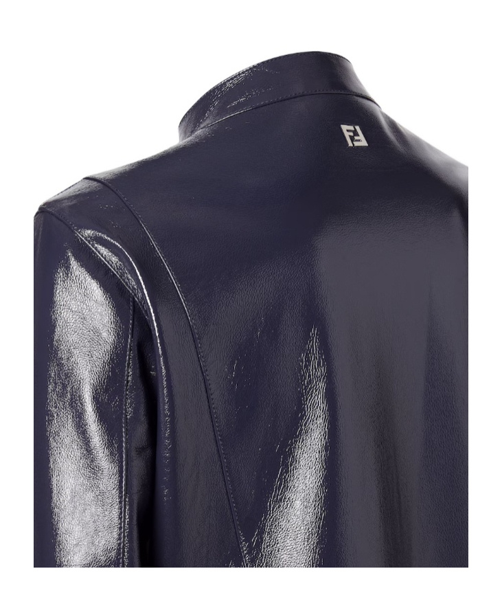 Fendi Leather Jacket Front Pockets Snap Button Cuffs In Blue