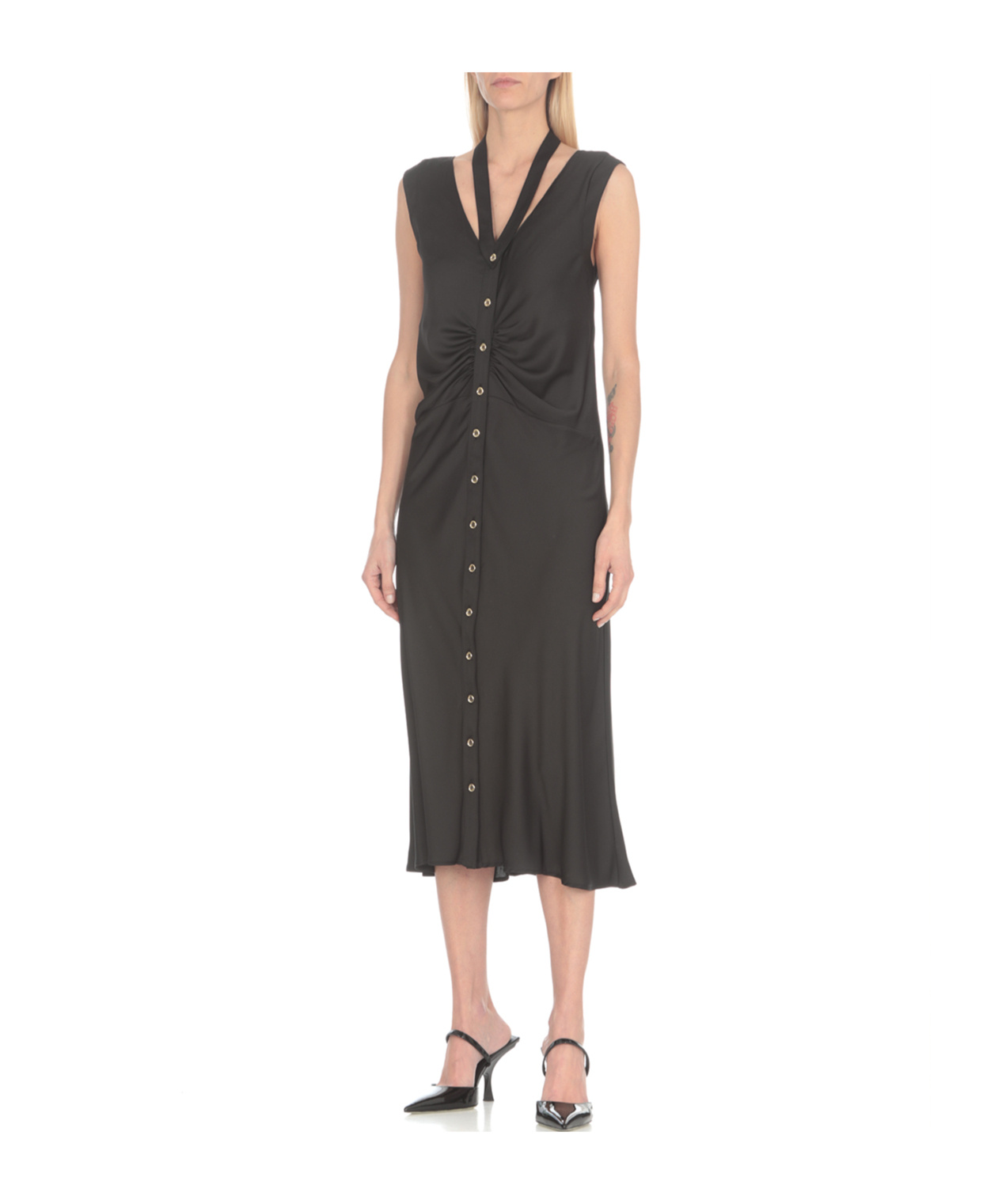 Pinko Button-up Runch Detailed Midi Dress In Black