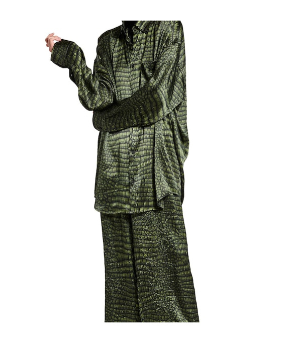 Balenciaga Crocodile Print Satin Button Down Cocoon Blouse In Green