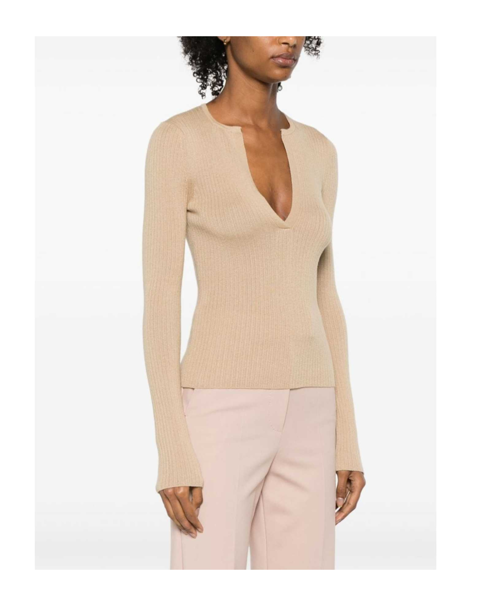 Shop Max Mara V-neck Ribbed-knit Top In Nude