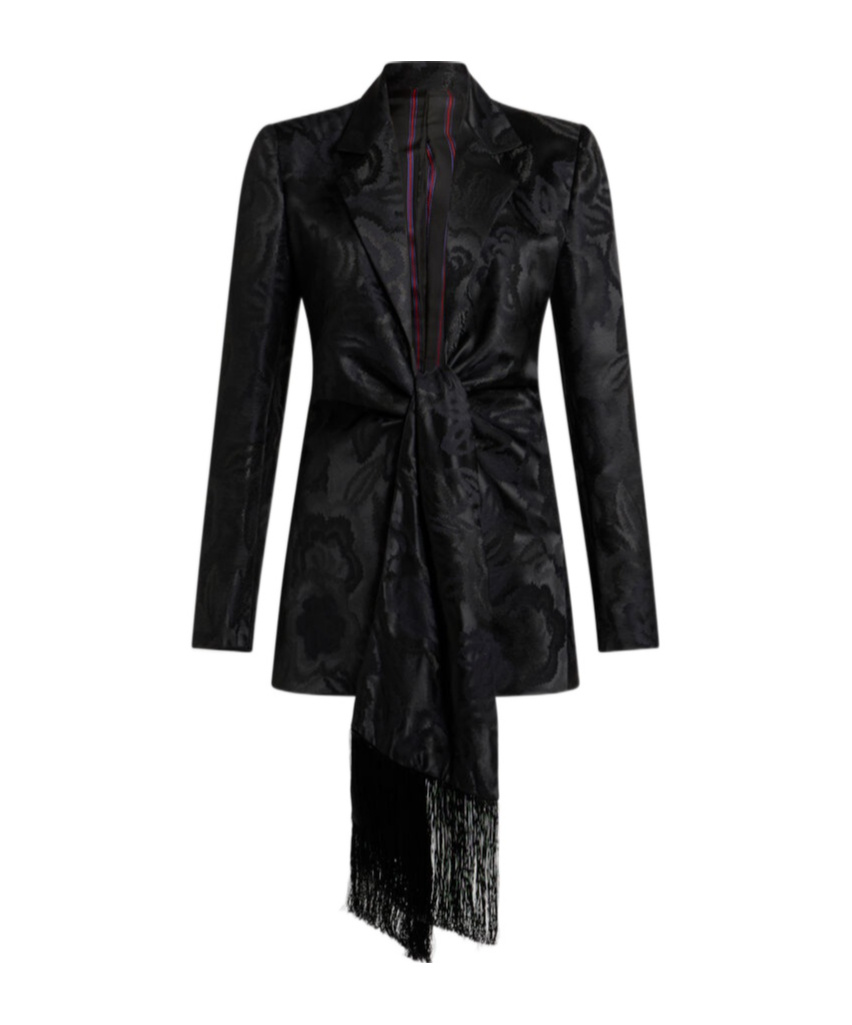 Etro Jacquard Blazer With Belted Waist And Fringed Detail In Black