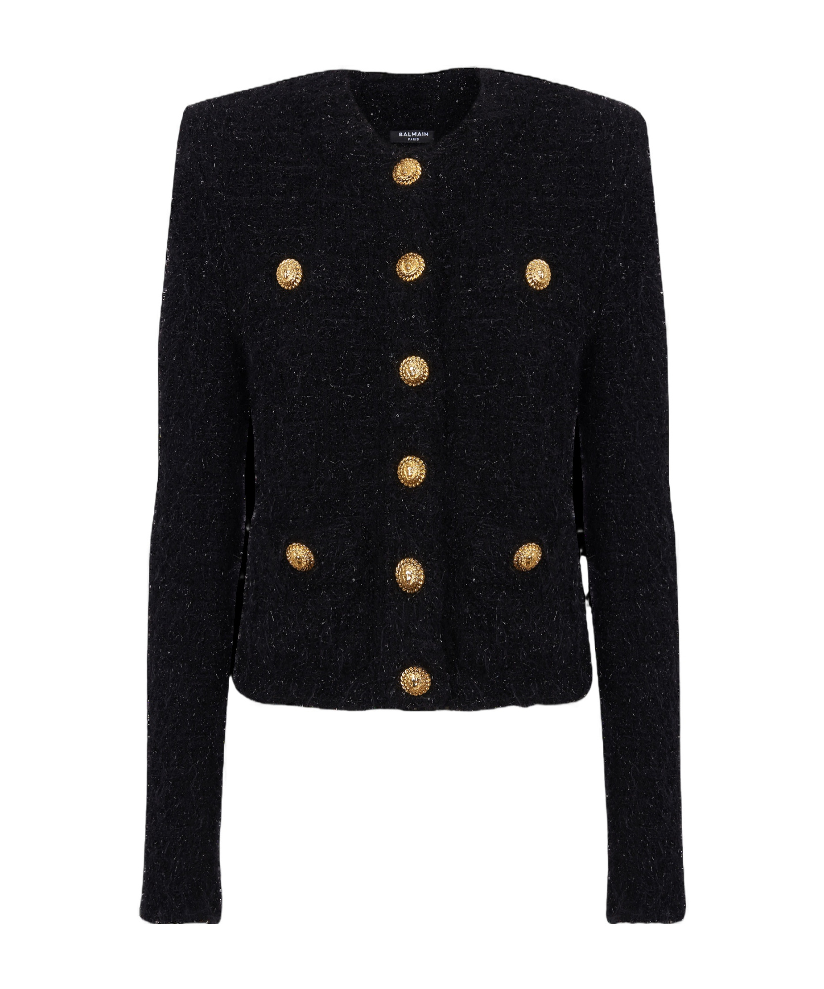 Balmain Collarless Four-pocket Tweed Jacket In Black