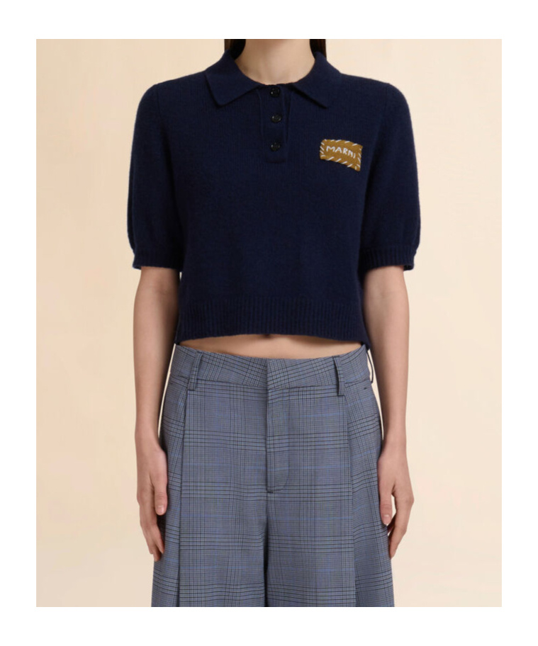 Marni Deep Blue Cashmere Polo Jumper With Patch