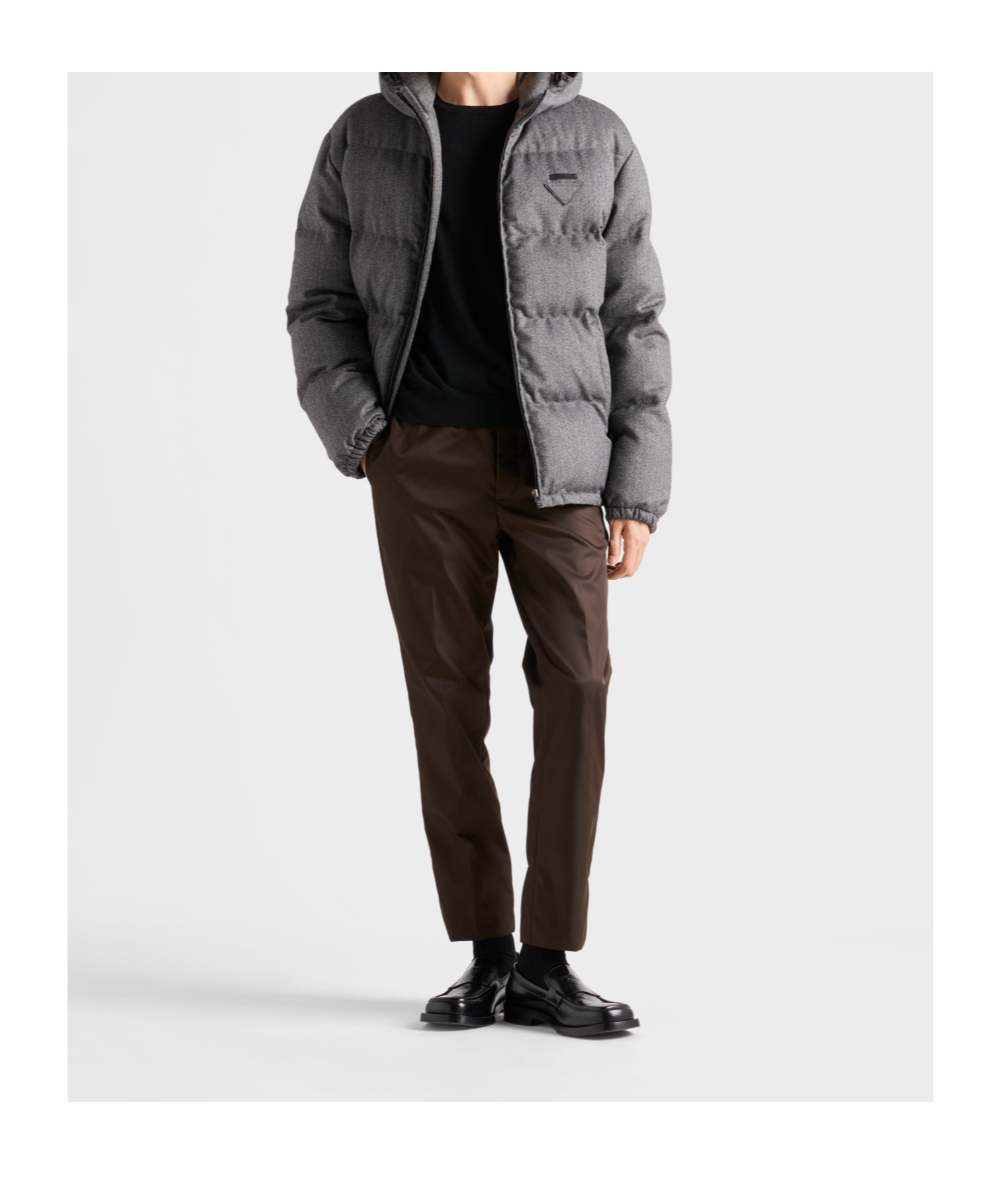 Prada Mens Grey Logo-plaque Hooded Wool Shell-down Jacket In Gray