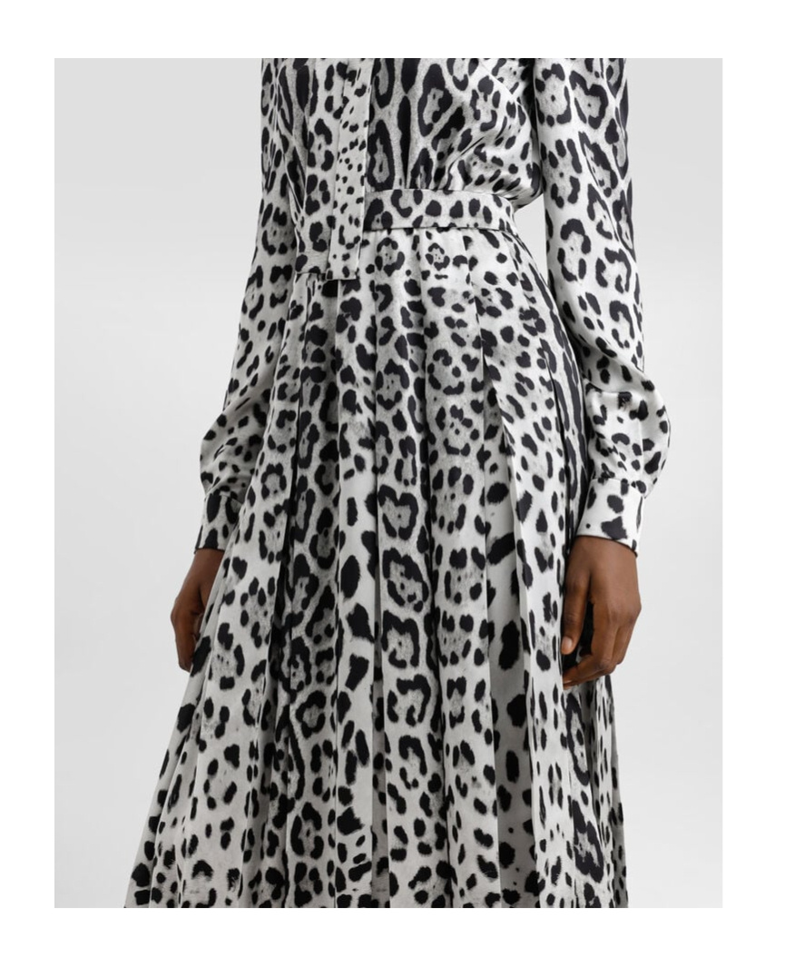 Dolce & Gabbana Satin Calf-length Shirt Dress With Pussy-bow And Leopard Print In Gray