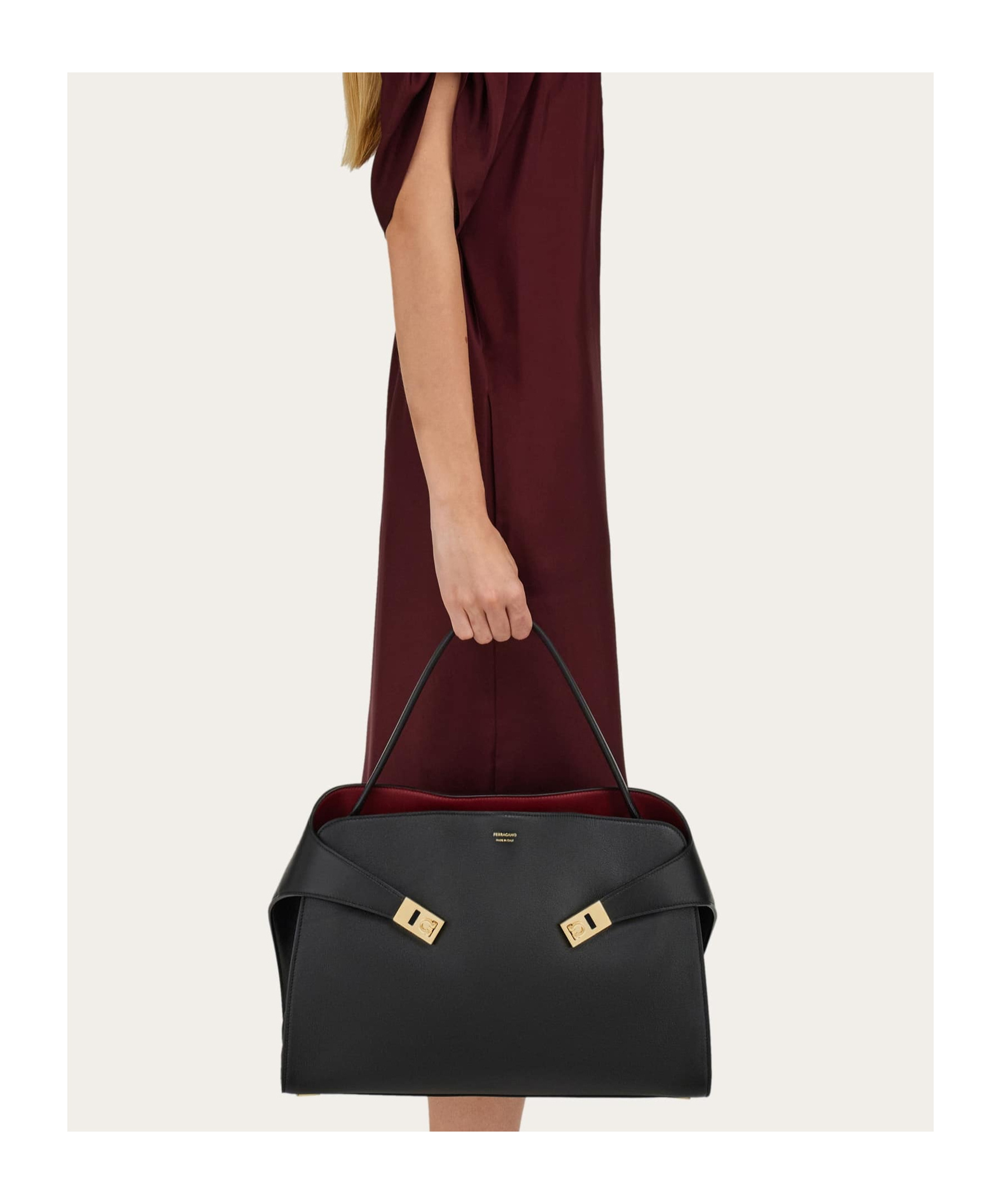 Ferragamo Structured Shoulder Bag Top Handle In Black