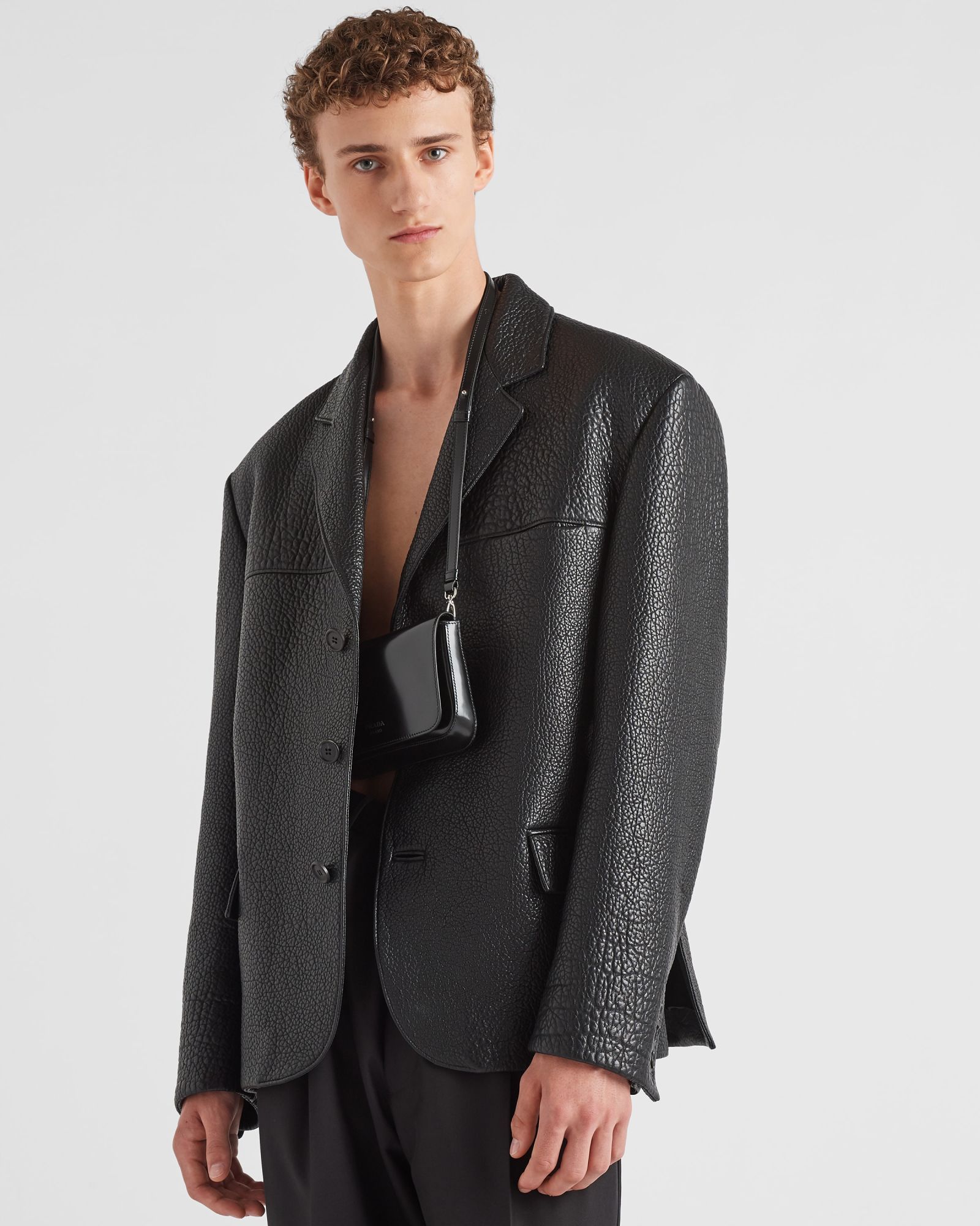 Prada Single-breasted Leather Jacket Men In Black