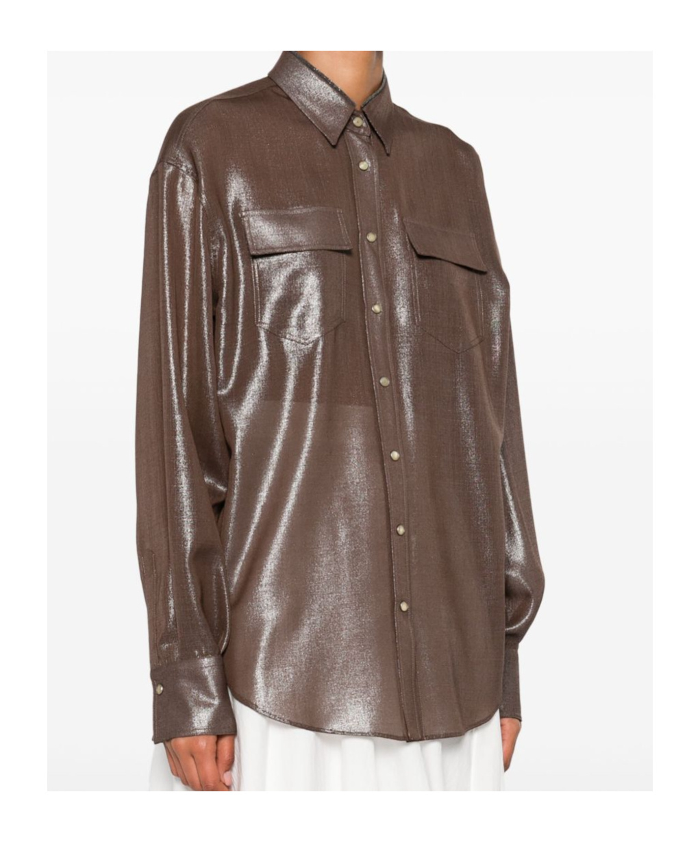 Brunello Cucinelli Metallic-effect Button-down Shirt In Brown
