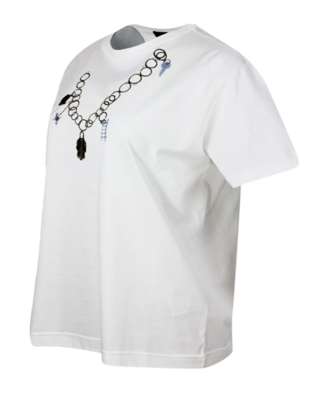 Fabiana Filippi Short-sleeved Crew-neck T-shirt In Fine Cotton Jersey With Chain Print In White