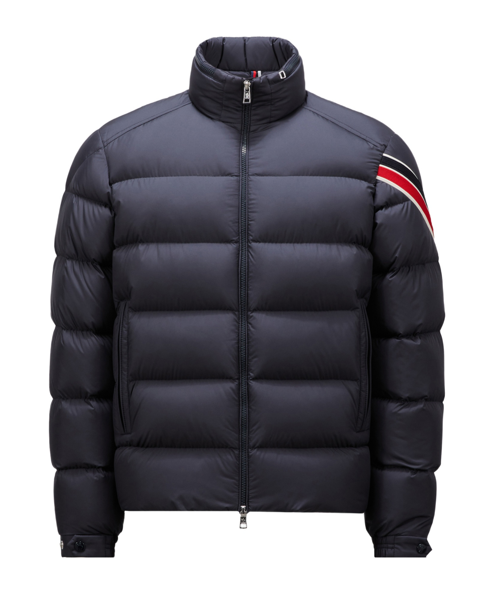 Moncler Striped Logo Patch Down Jacket In Blue