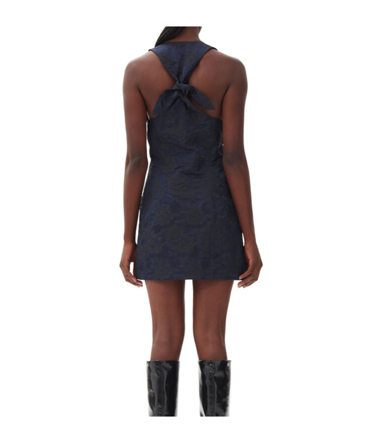 Shop Ganni Navy Blue Botanical Jacquard Tie Strap Mini Dress In Black
