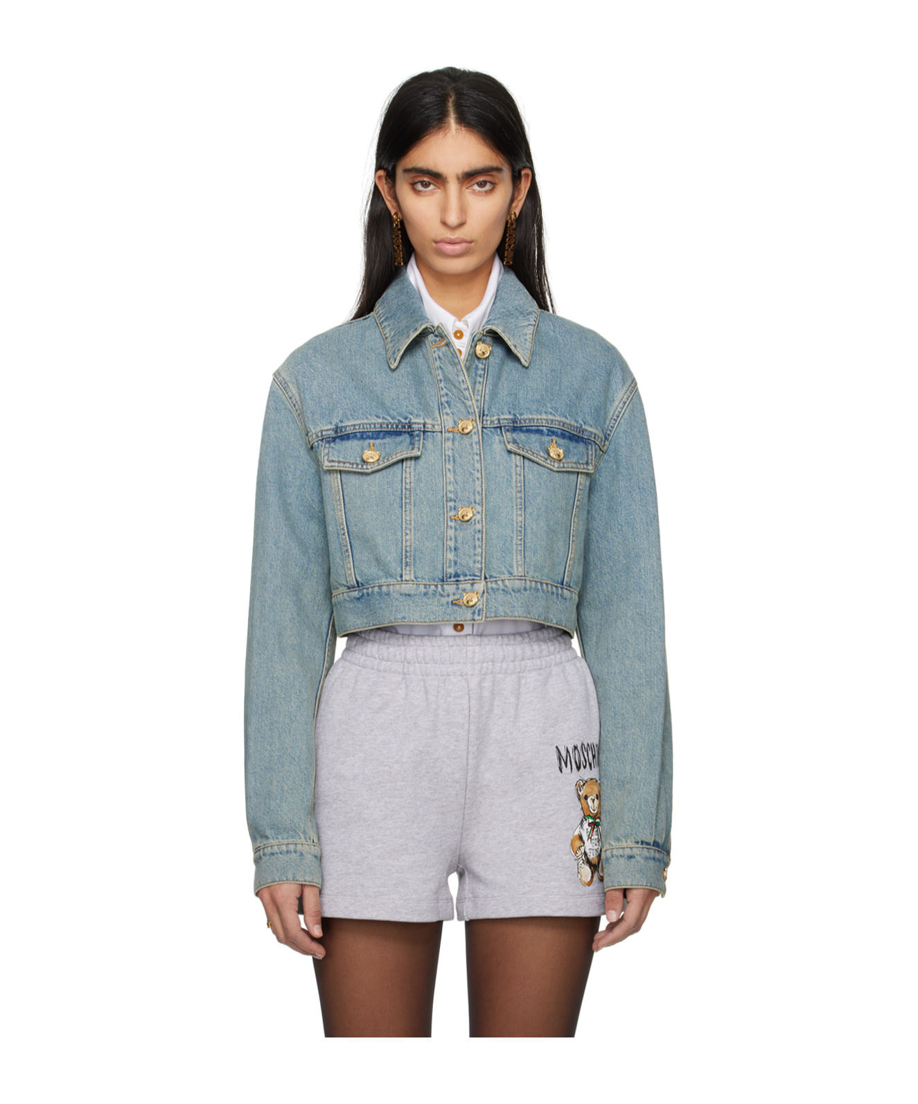 Shop Moschino Teddy Long-sleeved Denim Jacket In Gray