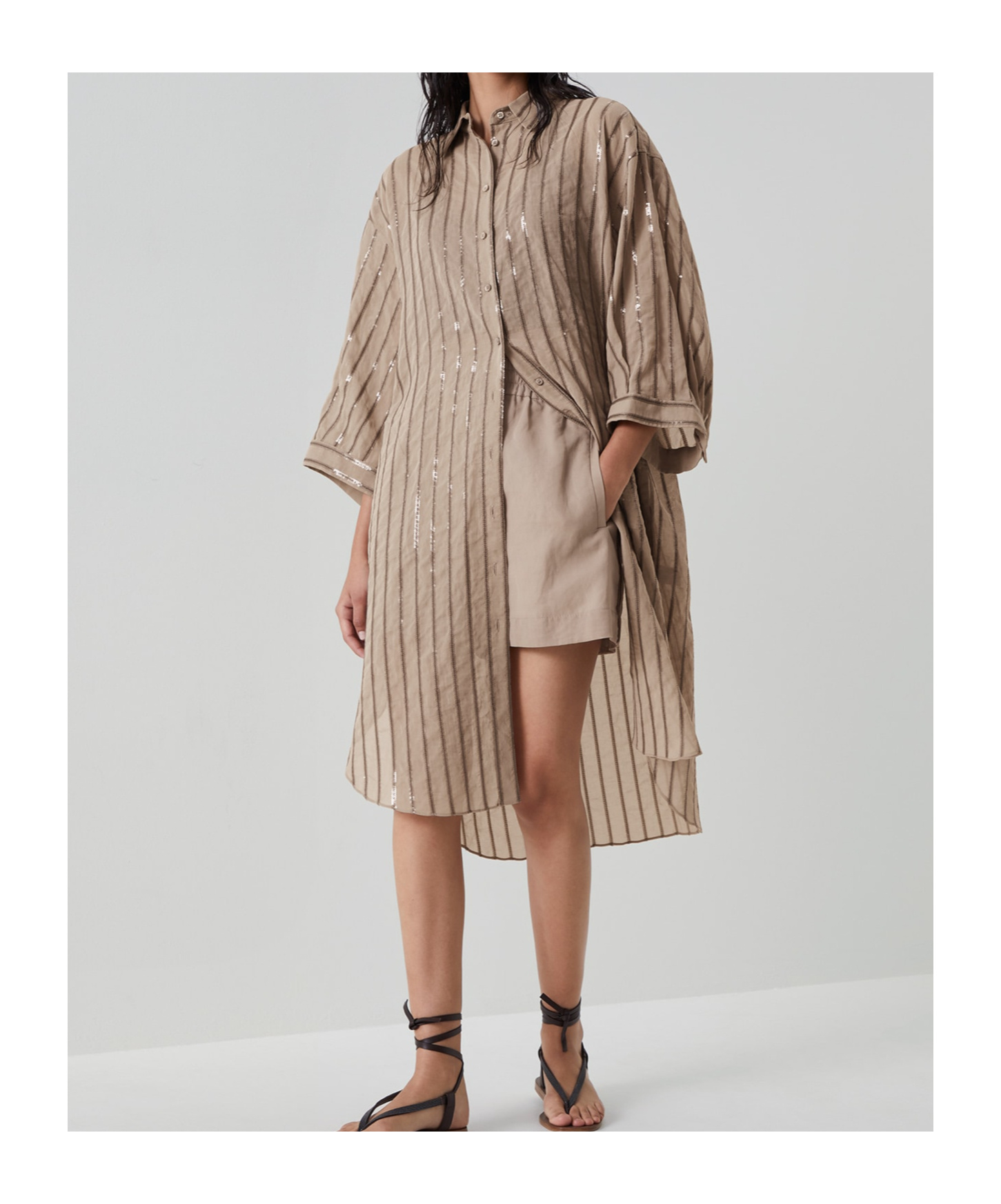 Brunello Cucinelli Sequin-embellished Striped Cotton Shirtdress In Brown