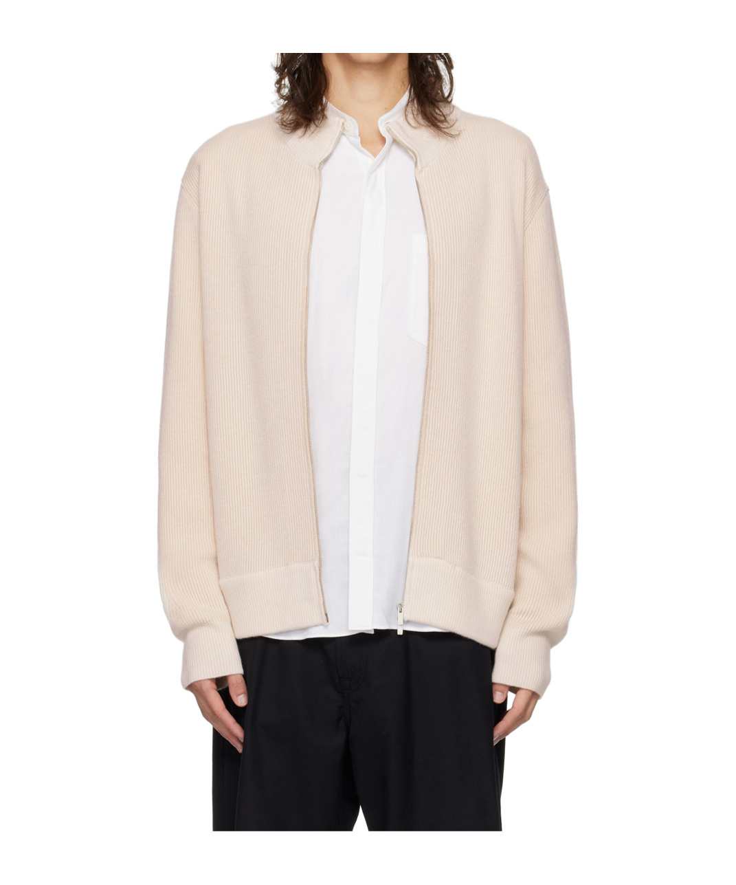 Lardini Off-white Ribbed Zip Sweater In Nude