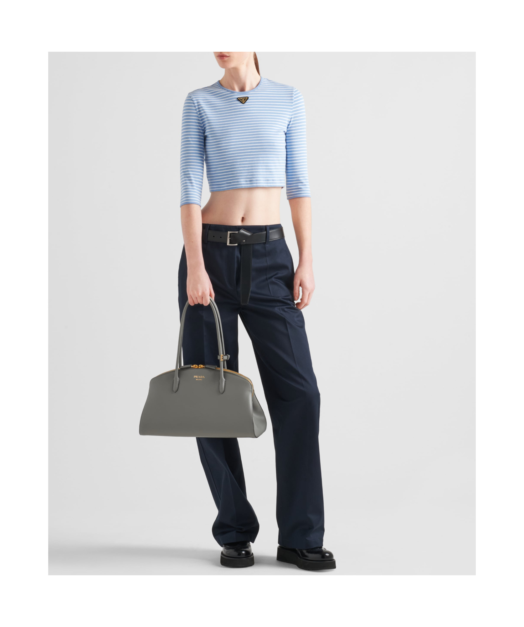 Prada Logo Cotton-blend Crop Top In Sky Blue/white