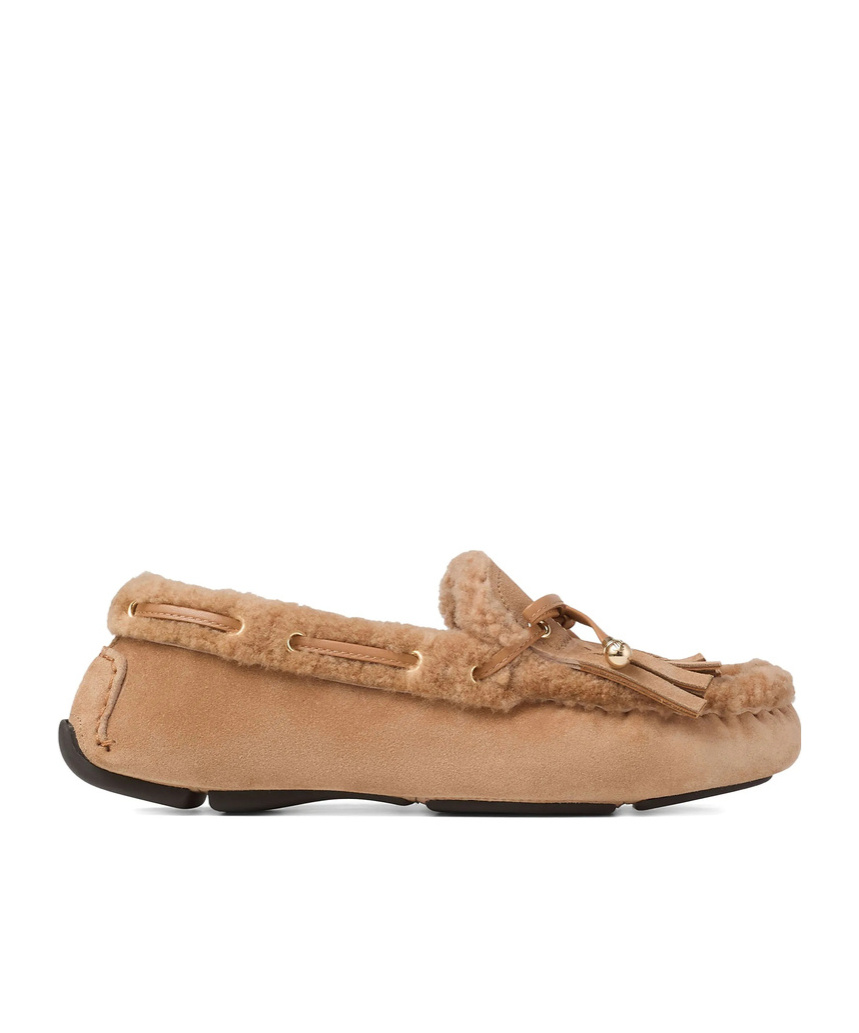 Jimmy Choo Toffee Velvet Suede Loafers With Shearling In Brown