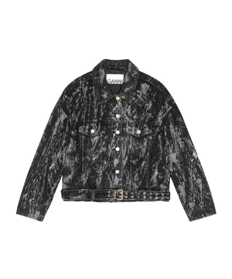 Ganni Washed Denim Belted Jacket In Black