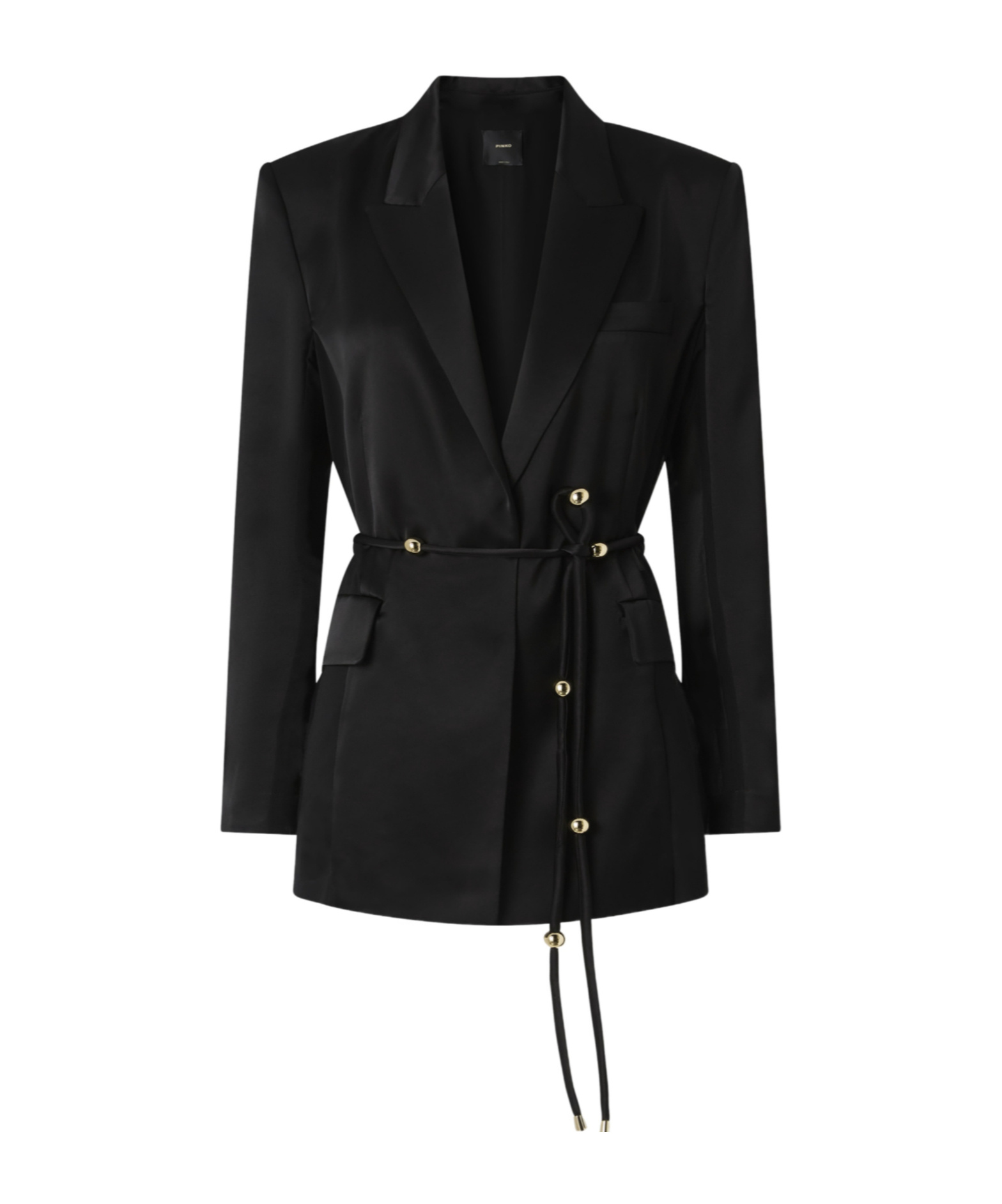 Pinko Glossy Satin Blazer With Belt And Sphere Accent In Black