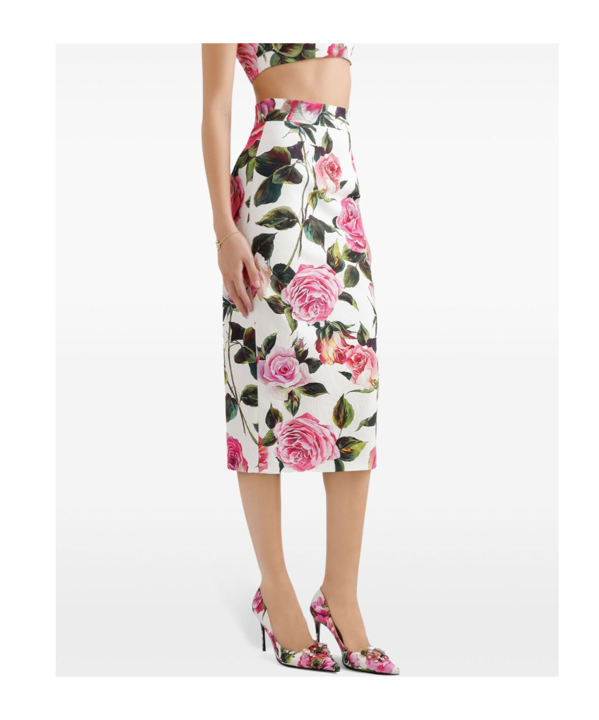 Dolce & Gabbana Rose-print Cotton-blend Midi Skirt In White