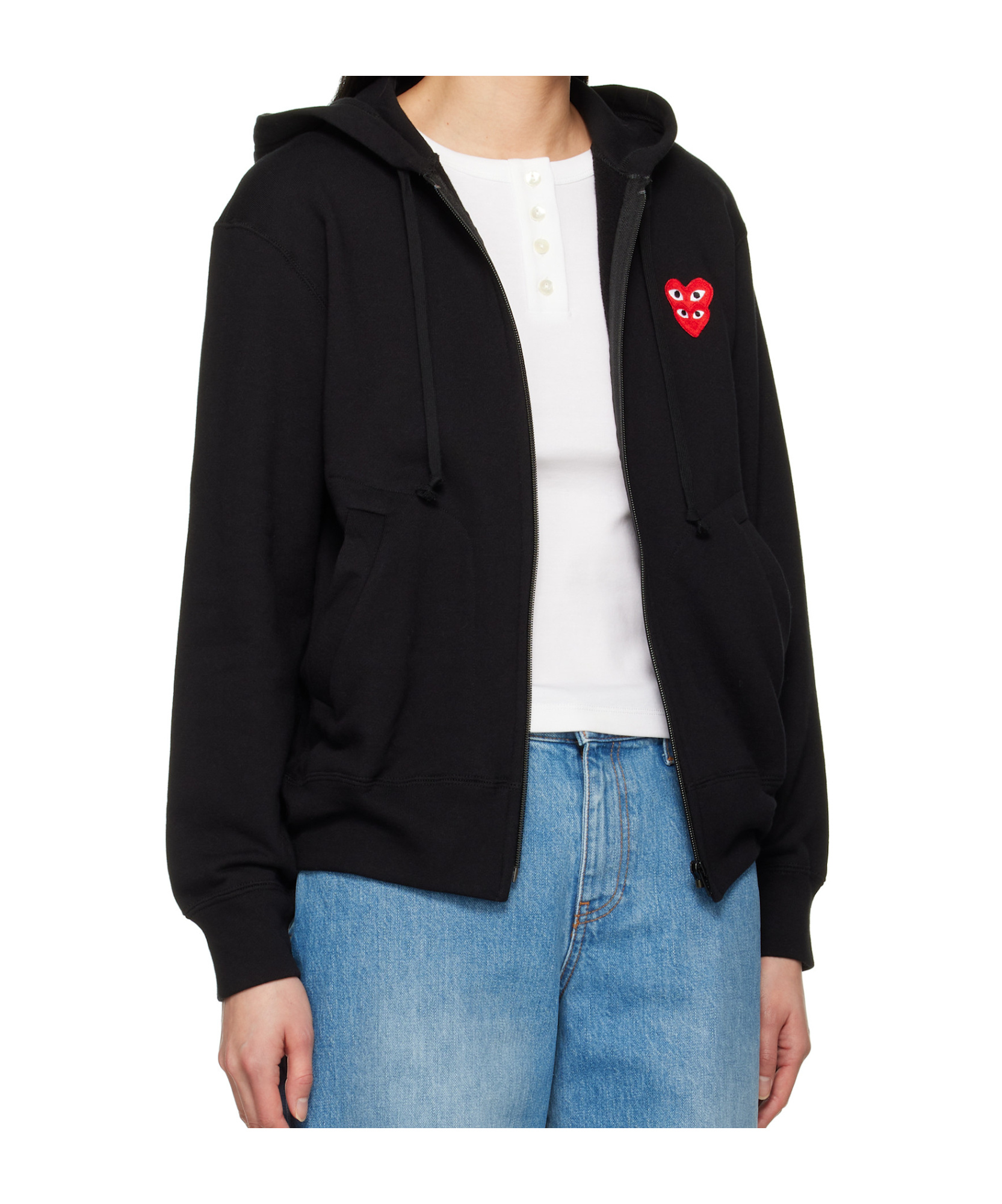 Comme Des Garçons Play Zipped Hoodie With Double Heart Patch In Black