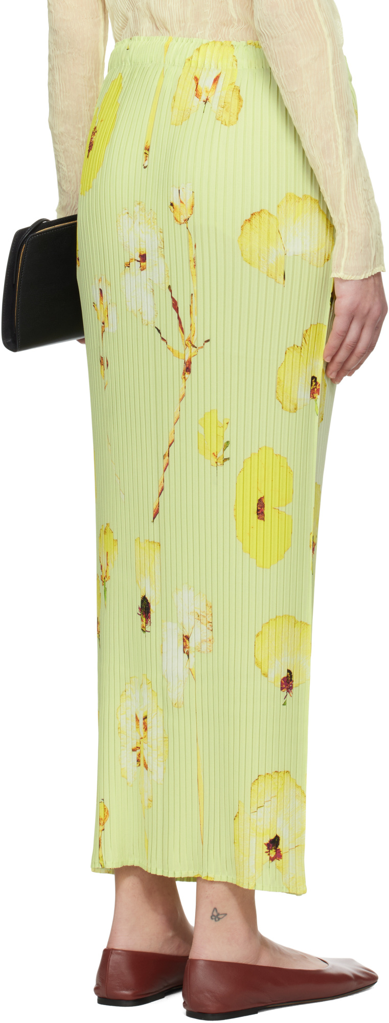 ISSEY MIYAKE GREEN PRESSED FLORA PLEATS MIDI SKIRT