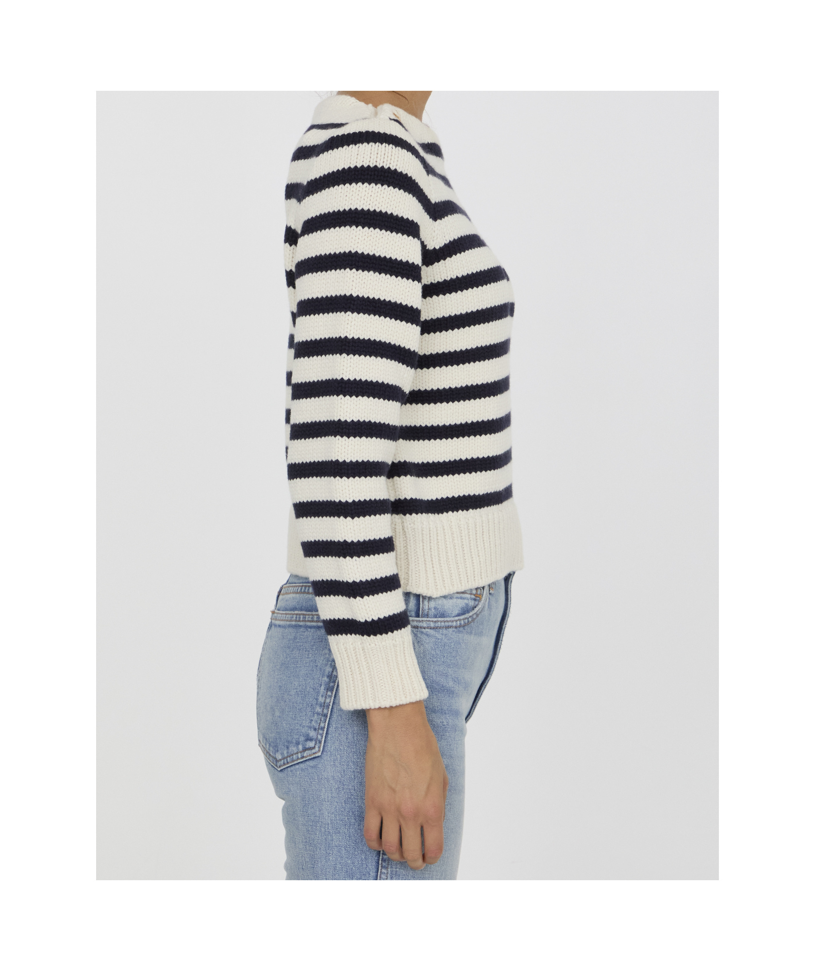 Celine Striped Crew-neck Sweater With Golden-effect Buttons In White