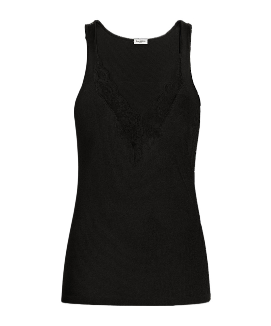 Balmain Knit Vest Top With Lace In Black